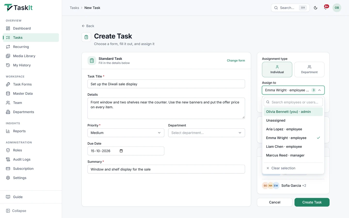 The Create Task page with the Assign to list open and three people ticked, and the preview card showing the first person picked plus two more
