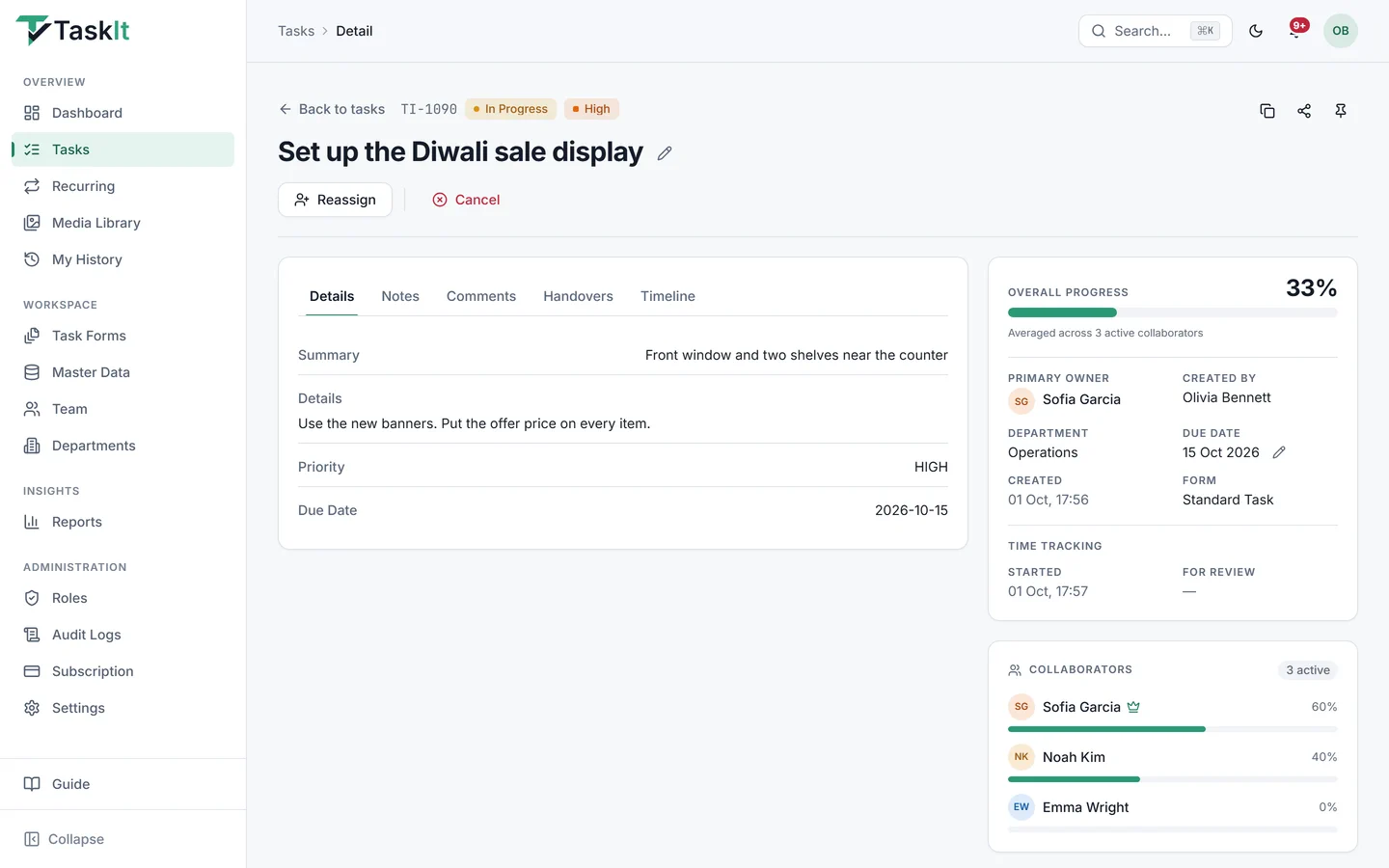 A task page showing the primary owner, an overall progress of 33% averaged across 3 active collaborators, and a Collaborators card listing each person’s own progress